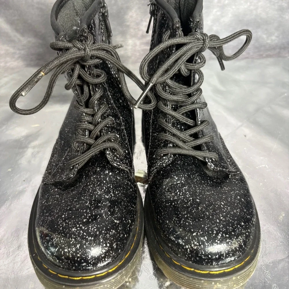 Dr Martens 1460J Girls 3 Black Glitter Leather Lace Up Zip Ankle Combat Boots